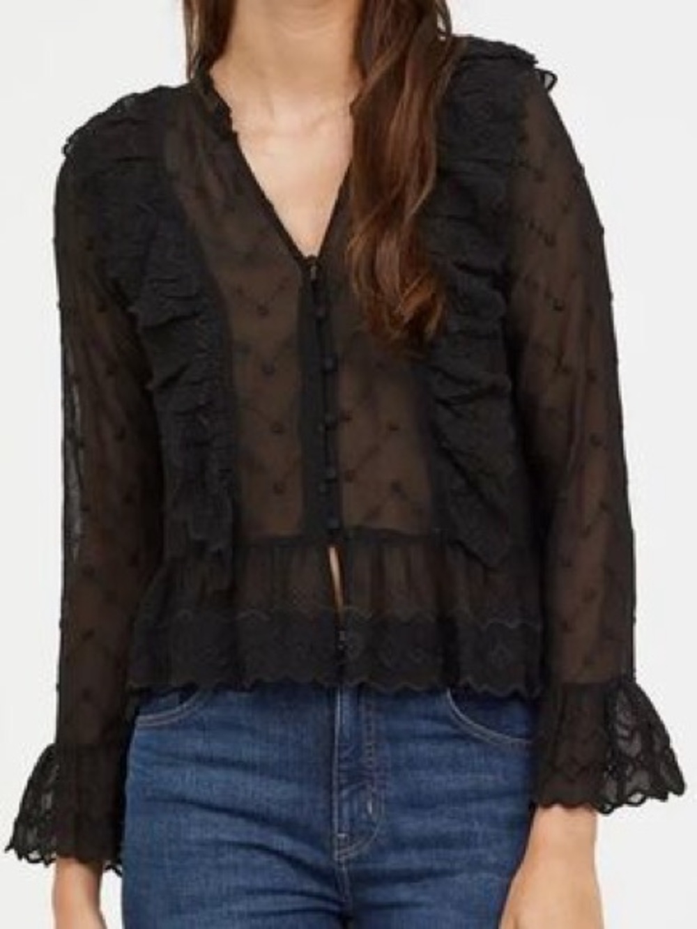 H&M - Black Ruffle Front Button Long Sleeve Blouse